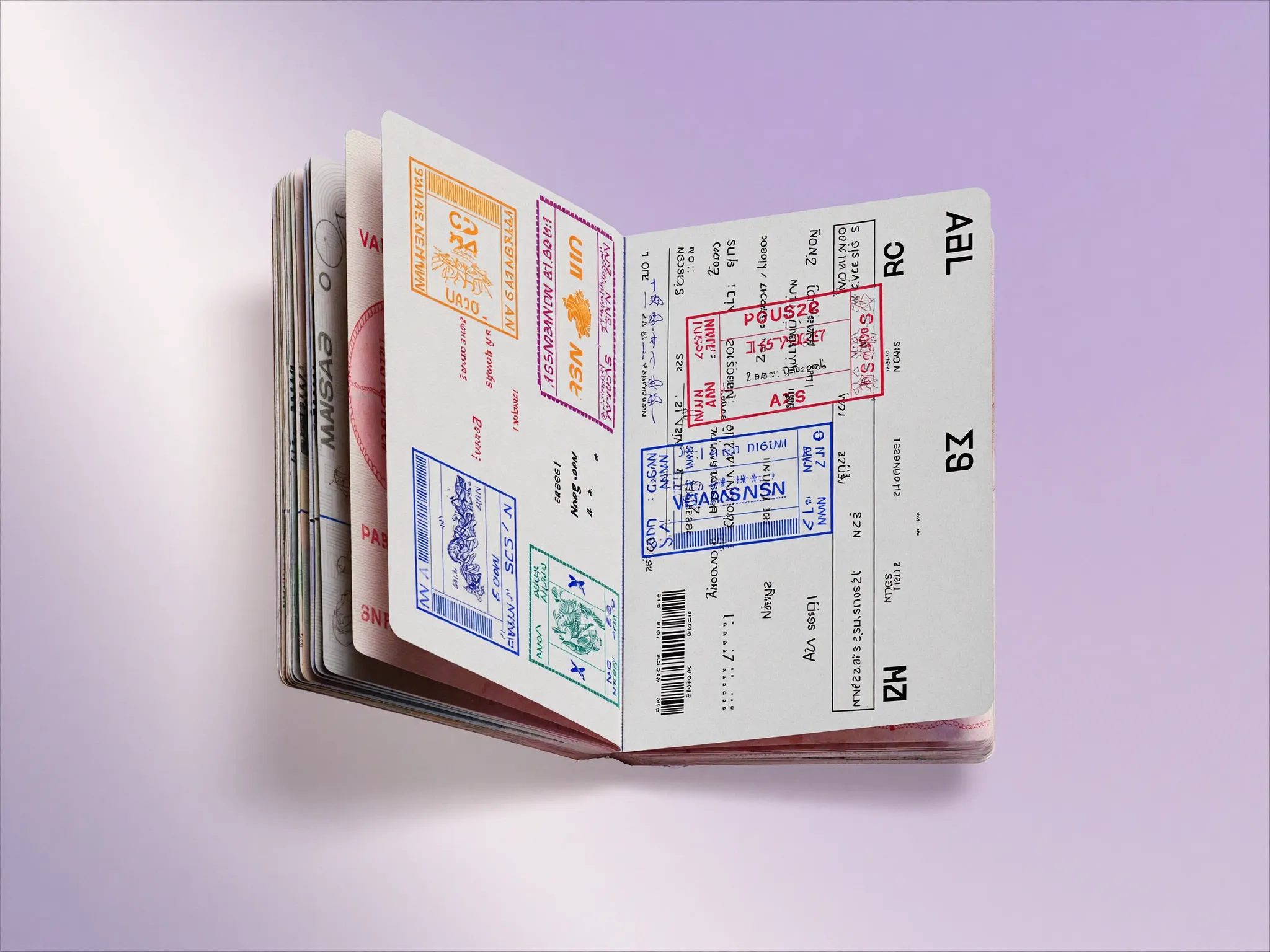 A well-travelled passport with visa stamps and a boarding pass