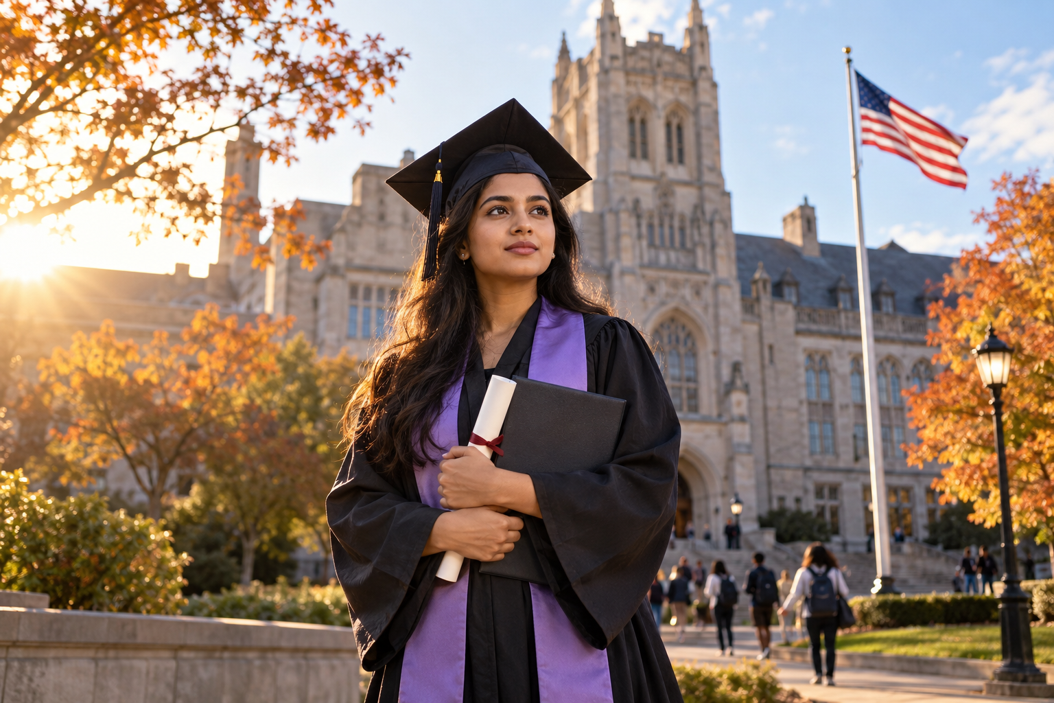 AI-generated photo-style image of a graduate holding a diploma on a U.S. campus at sunset.