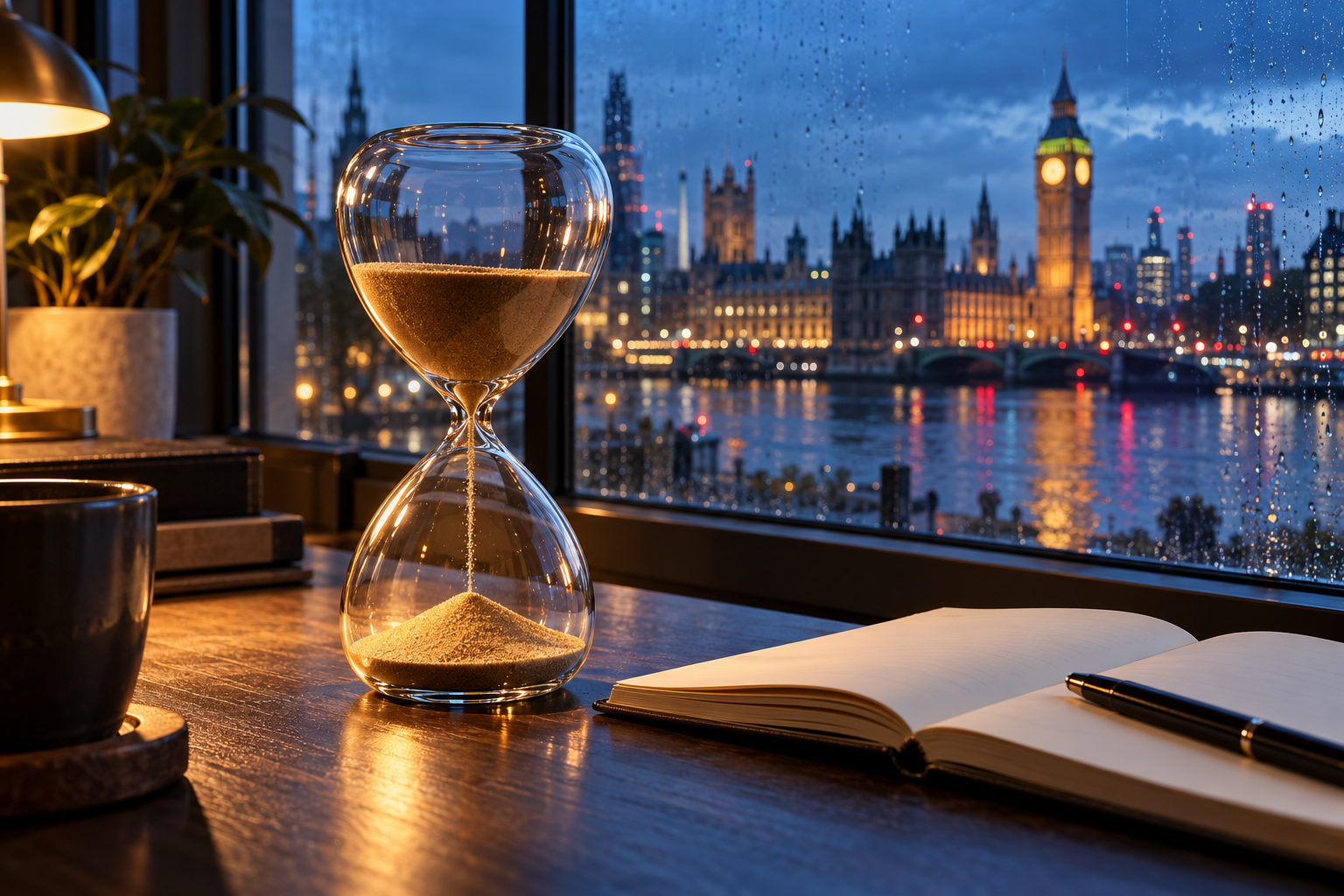 AI-generated editorial image of an hourglass beside a notebook, with London’s Elizabeth Tower beyond a rain-streaked window.